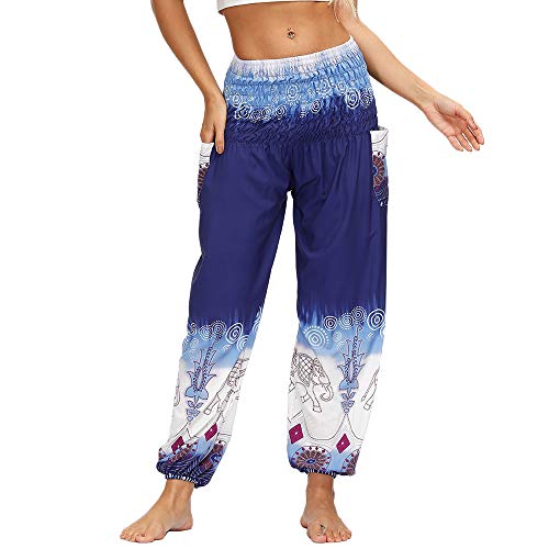 Nuofengkudu Mujer Hippies Yoga Pantalones Harem Baggy Tailandeses Boho Estampados Bolsillos Cintura Alta Baggy Pilates Pants Verano Playa Fiesta(X-Blanco Elefante,Talla única)