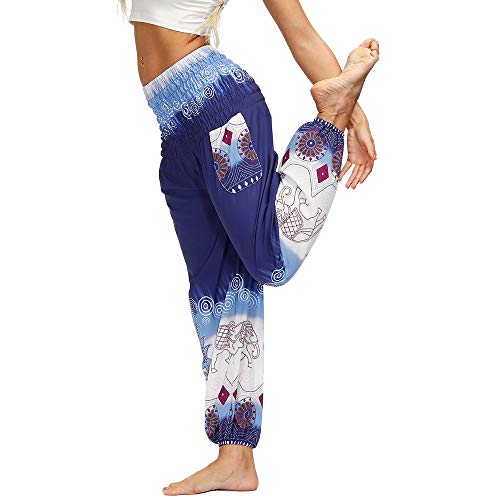 Nuofengkudu Mujer Hippies Yoga Pantalones Harem Baggy Tailandeses Boho Estampados Bolsillos Cintura Alta Baggy Pilates Pants Verano Playa Fiesta(X-Blanco Elefante,Talla única)