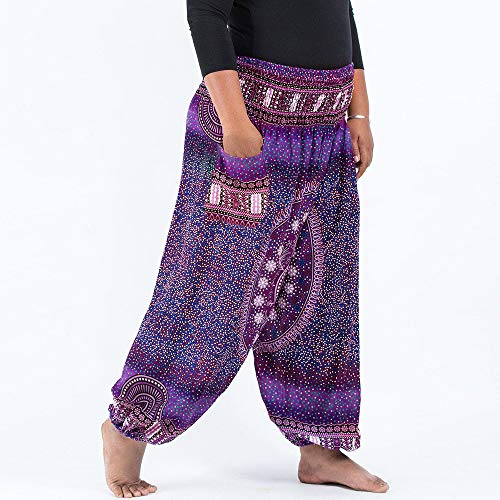 Nuofengkudu Mujer Hombre Hippies Anchos Pantalones Tallas Grandes Estampados Cintura Alta Comodos Gordita Thai Yoga Pants Playa Fiestas Sauna (Morado Floral,One Size)