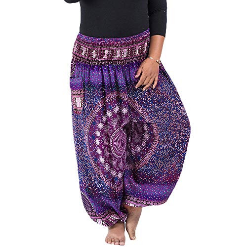 Nuofengkudu Mujer Hombre Hippies Anchos Pantalones Tallas Grandes Estampados Cintura Alta Comodos Gordita Thai Yoga Pants Playa Fiestas Sauna (Morado Floral,One Size)