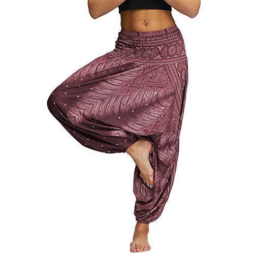 Nuofengkudu Mujer Pantalones Anchos Hippies Estampados Baggy Comodos Cintura Alta Tailandeses Yoga Pants Casual Playa Fiesta Verano (Morado,Talla única