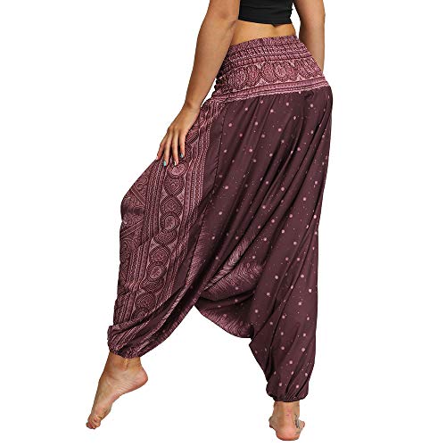 Nuofengkudu Mujer Pantalones Anchos Hippies Estampados Baggy Comodos Cintura Alta Tailandeses Yoga Pants Casual Playa Fiesta Verano (Morado,Talla única