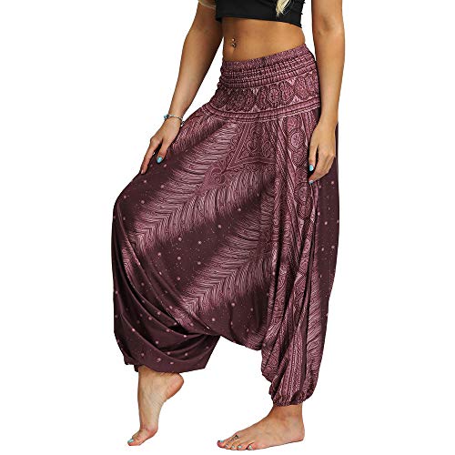 Nuofengkudu Mujer Pantalones Anchos Hippies Estampados Baggy Comodos Cintura Alta Tailandeses Yoga Pants Casual Playa Fiesta Verano (Morado,Talla única