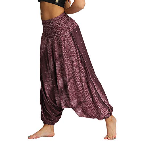 Nuofengkudu Mujer Pantalones Anchos Hippies Estampados Baggy Comodos Cintura Alta Tailandeses Yoga Pants Casual Playa Fiesta Verano (Morado,Talla única