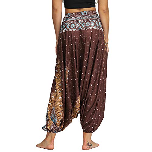 Nuofengkudu Mujer Pantalones Hippies Estampados Baggy Comodos Ligeros Cintura Alta Indios Yoga Pants Casual Playa Fiesta Verano (Marrón,Talla única