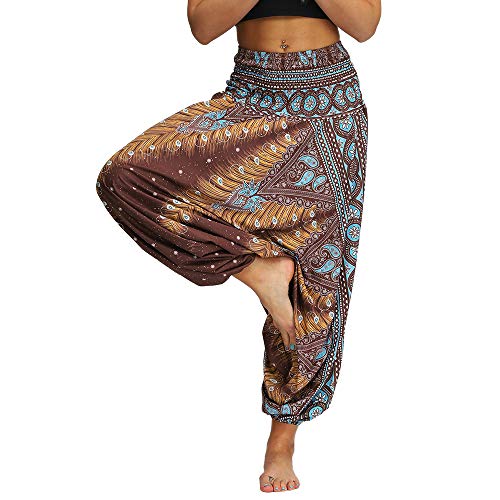 Nuofengkudu Mujer Pantalones Hippies Estampados Baggy Comodos Ligeros Cintura Alta Indios Yoga Pants Casual Playa Fiesta Verano (Marrón,Talla única