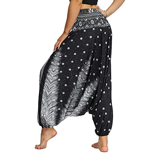 Nuofengkudu Mujer Pantalones Hippies Estampados Baggy Comodos Ligeros Cintura Alta Indios Yoga Pants Casual Playa Fiesta Verano (Negro Patrón B,Talla única