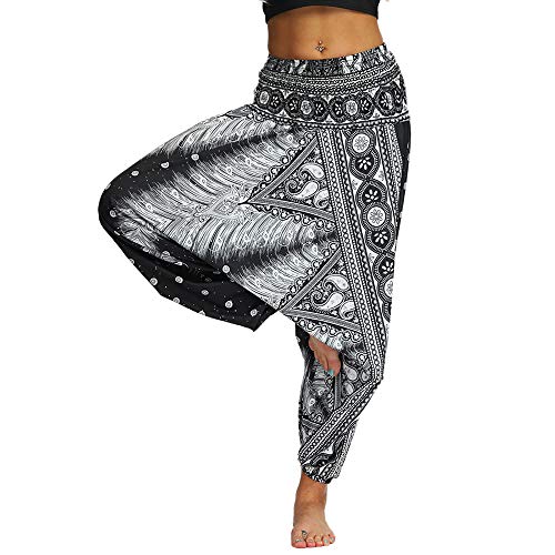 Nuofengkudu Mujer Pantalones Hippies Estampados Baggy Comodos Ligeros Cintura Alta Indios Yoga Pants Casual Playa Fiesta Verano (Negro Patrón B,Talla única