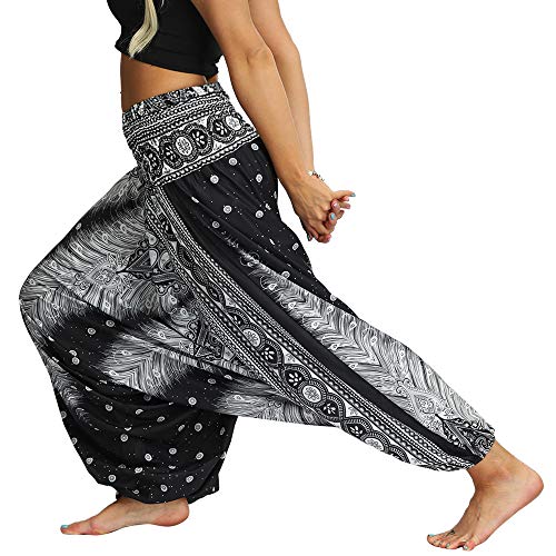 Nuofengkudu Mujer Pantalones Hippies Estampados Baggy Comodos Ligeros Cintura Alta Indios Yoga Pants Casual Playa Fiesta Verano (Negro Patrón B,Talla única