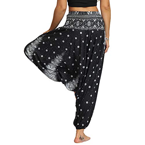 Nuofengkudu Mujer Pantalones Hippies Estampados Baggy Comodos Ligeros Cintura Alta Indios Yoga Pants Casual Playa Fiesta Verano (Negro Patrón B,Talla única