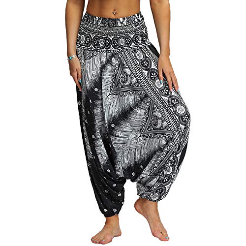 Nuofengkudu Mujer Pantalones Hippies Estampados Baggy Comodos Ligeros Cintura Alta Indios Yoga Pants Casual Playa Fiesta Verano (Negro Patrón B,Talla única