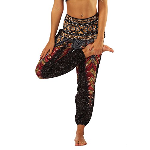 Nuofengkudu Mujer Pantalones Hippies Tailandeses Estampado Verano Cintura Alta Elastica con Bolsillos para Yoga Casual Negro Pavo Nuofengkudu Mujer Pantalones Hippies Tailandeses Estampado Verano Cintura Alta Elastica con Bolsillos para Yoga Casual Negro Pavo