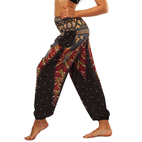 Nuofengkudu Mujer Pantalones Hippies Tailandeses Estampado Verano Cintura Alta Elastica con Bolsillos para Yoga Casual Negro Pavo Nuofengkudu Mujer Pantalones Hippies Tailandeses Estampado Verano Cintura Alta Elastica con Bolsillos para Yoga Casual Negro Pavo