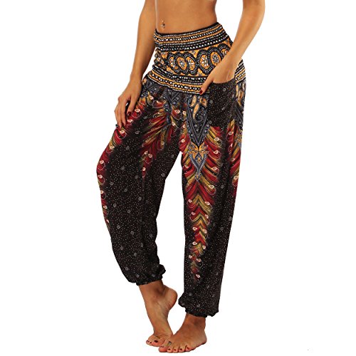 Nuofengkudu Mujer Pantalones Hippies Tailandeses Estampado Verano Cintura Alta Elastica con Bolsillos para Yoga Casual Negro Pavo Nuofengkudu Mujer Pantalones Hippies Tailandeses Estampado Verano Cintura Alta Elastica con Bolsillos para Yoga Casual Negro Pavo