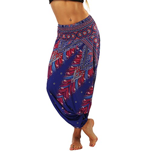 Nuofengkudu Mujer Pantalones Sueltos Hippi Tailandeses Estampado Verano Cintura Alta Elastica Entrepierna Baja para Yoga Casual Morado Pavo