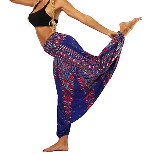 Nuofengkudu Mujer Pantalones Sueltos Hippi Tailandeses Estampado Verano Cintura Alta Elastica Entrepierna Baja para Yoga Casual Morado Pavo