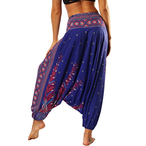 Nuofengkudu Mujer Pantalones Sueltos Hippi Tailandeses Estampado Verano Cintura Alta Elastica Entrepierna Baja para Yoga Casual Morado Pavo