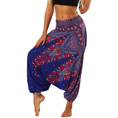 Nuofengkudu Mujer Pantalones Sueltos Hippi Tailandeses Estampado Verano Cintura Alta Elastica Entrepierna Baja para Yoga Casual Morado Pavo Nuofengkudu Mujer Pantalones Sueltos Hippi Tailandeses Estampado Verano Cintura Alta Elastica Entrepierna Baja para Yoga Casual Morado Pavo
