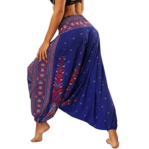 Nuofengkudu Mujer Pantalones Sueltos Hippi Tailandeses Estampado Verano Cintura Alta Elastica Entrepierna Baja para Yoga Casual Morado Pavo