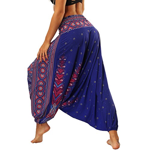 Nuofengkudu Mujer Pantalones Sueltos Hippi Tailandeses Estampado Verano Cintura Alta Elastica Entrepierna Baja para Yoga Casual Morado Pavo Nuofengkudu Mujer Pantalones Sueltos Hippi Tailandeses Estampado Verano Cintura Alta Elastica Entrepierna Baja para Yoga Casual Morado Pavo