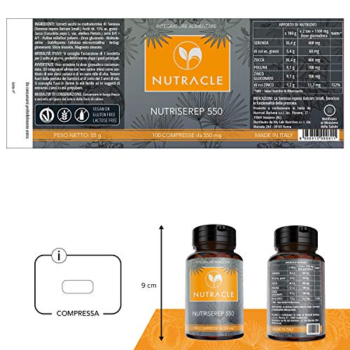 NUTRACLE NUTRISEREP 500 | 100 comprimidos de 550 mg | Serena Repens (Saw Palmetto) Para el bienestar de la próstata y del tracto urinario | Antioxidante natural, alta concentración de ácidos grasos