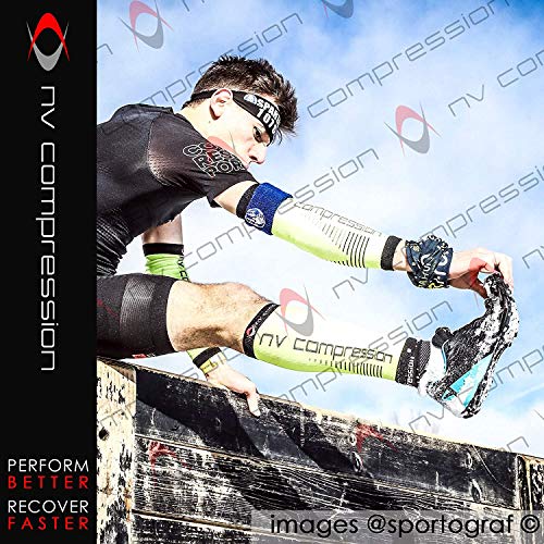 NV Compression Race and Recover Calentadores de Pantorrilla de compresión Negros - Compression Calf Sleeves - Sports Recovery, Work, Flight - Running, Cycling, Gym (Black/Blue Stripes, S-M)