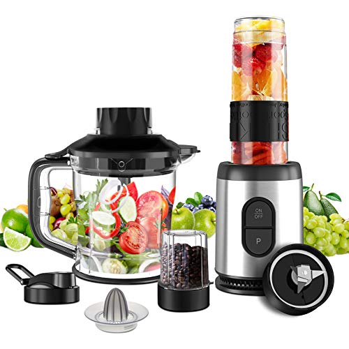 NWOUIIAY Batidora de Vaso 800W 23000RPM Batidoras Multifuncionales 5 en 1 con Molinillo Picadora de Carne Exprimidor Batidora de Frutas y Verduras Botella Portátil sin BPA Hojas de Acero Inoxidable