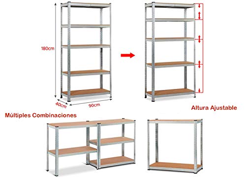 Nyana Home | Estantería Metálica Galvanizada 875kg | 5 Baldas | Medidas 180 x 90 x 40cm | Garaje Oficina Despensa