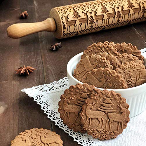 O-Kinee Rodillo Amasar Madera, Navidad Rodillo Galletas, Rodillo de Cocina con Relieve, Rolling Pin Christmas, El Mejor para Fondant, Pastas para Tartas Y Pay, Galletas Y Masa para Pasteles, 35cm