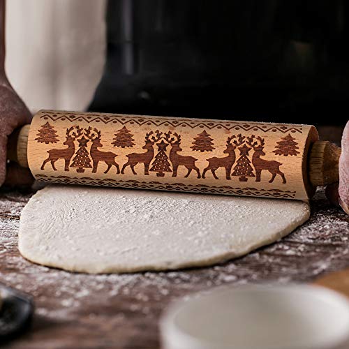 O-Kinee Rodillo Amasar Madera, Navidad Rodillo Galletas, Rodillo de Cocina con Relieve, Rolling Pin Christmas, El Mejor para Fondant, Pastas para Tartas Y Pay, Galletas Y Masa para Pasteles, 35cm