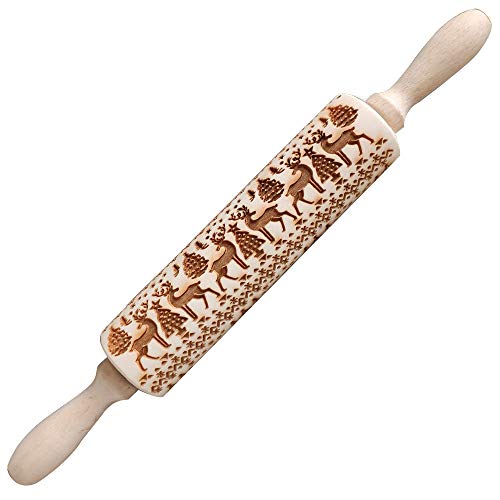 O-Kinee Rodillo Amasar Madera, Navidad Rodillo Galletas, Rodillo de Cocina con Relieve, Rolling Pin Christmas, El Mejor para Fondant, Pastas para Tartas Y Pay, Galletas Y Masa para Pasteles, 35cm