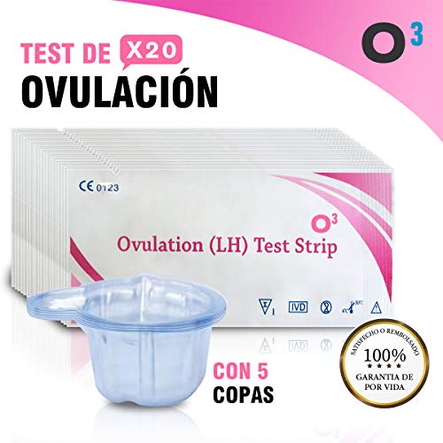 O³ Test Ovulacion Ultrasensibles 20 Unidades 20 mIU/ml + 5 Copas De Prueba | Test De Ovulacion De Alta Sensibilidad | Test Ovulación Rapido – Fácil De Leer – Instrucciones en Español