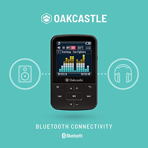 Oakcastle MP100 Reproductor MP3 8GB con Ranura Micro SD, Bluetooth, Inalámbrico, Batería Larga Duración para Uso Exterior, Deportes, Compatible Tarjetas SD de 32GB, 64GB, 128GB Auriculares incluidos