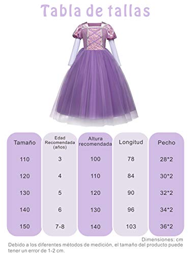 O.AMBW Vestido Princesa Rapunzel Infantil Disfraz Lila + 5 Accesorios Cosplay Rapunzel Manga Larga Blanco Evento Teatral Baile de Gala Cumpleaños Carnaval para Niña Pequeña 3 a 8 años