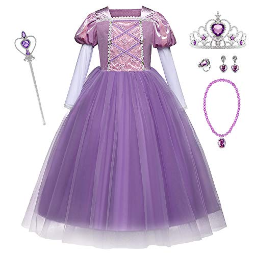 O.AMBW Vestido Princesa Rapunzel Infantil Disfraz Lila + 5 Accesorios Cosplay Rapunzel Manga Larga Blanco Evento Teatral Baile de Gala Cumpleaños Carnaval para Niña Pequeña 3 a 8 años