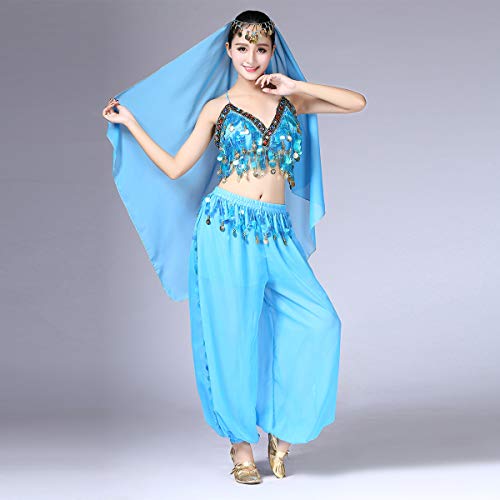 OBEEII Disfraz Danza del Vientre Mujer 3Piezas Traje de Baile para Actuación Carnaval Disfraz Oriental India Árabe Top Pantalones y Velo Cabeza Azul