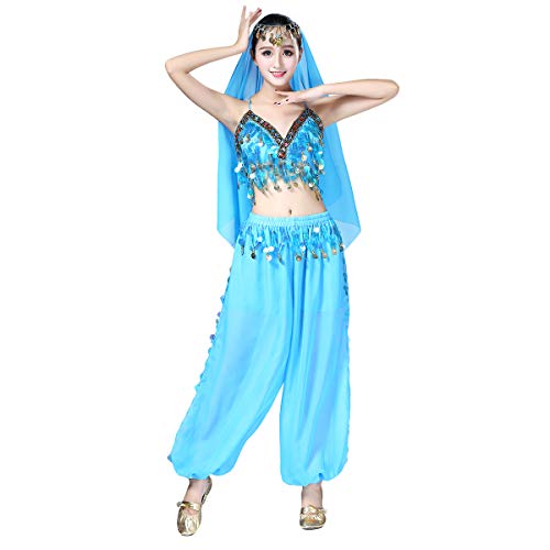 OBEEII Disfraz Danza del Vientre Mujer 3Piezas Traje de Baile para Actuación Carnaval Disfraz Oriental India Árabe Top Pantalones y Velo Cabeza Azul