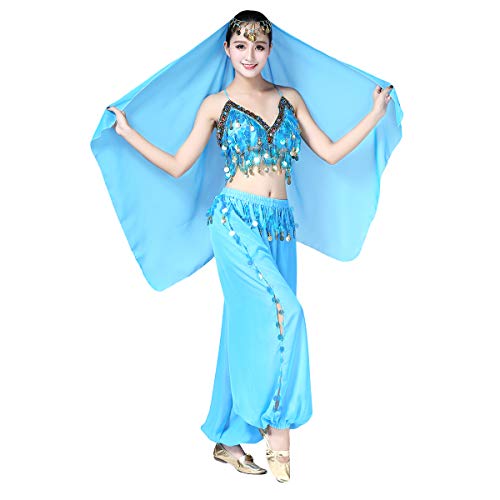 OBEEII Disfraz Danza del Vientre Mujer 3Piezas Traje de Baile para Actuación Carnaval Disfraz Oriental India Árabe Top Pantalones y Velo Cabeza Azul