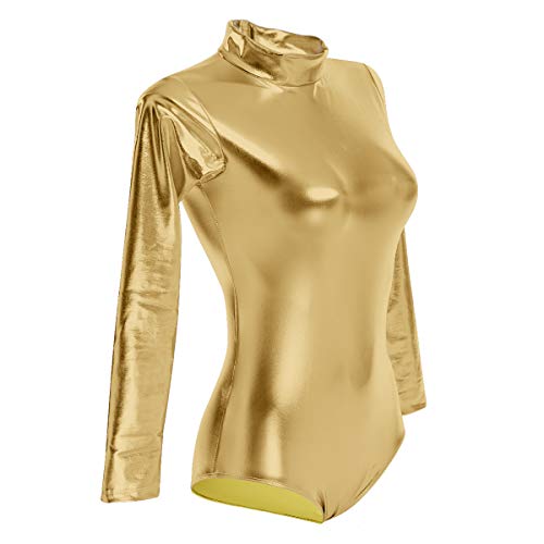 OBEEII Mujer Maillot de Ballet Danza Leotard Ballet Manga Larga Cuello Alto una Pieza Dancewear Bodysuit Oro S