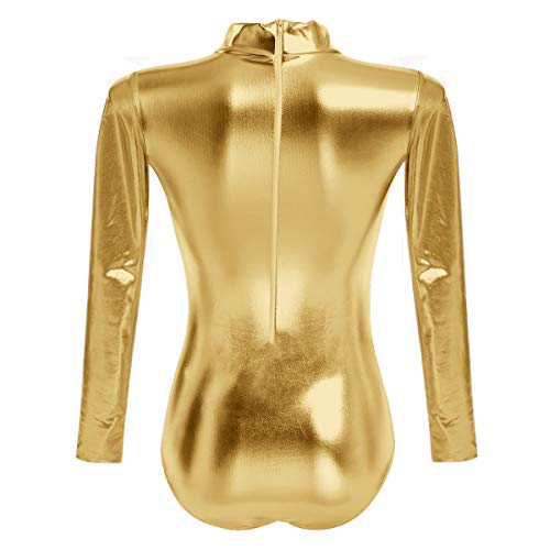 OBEEII Mujer Maillot de Ballet Danza Leotard Ballet Manga Larga Cuello Alto una Pieza Dancewear Bodysuit Oro S