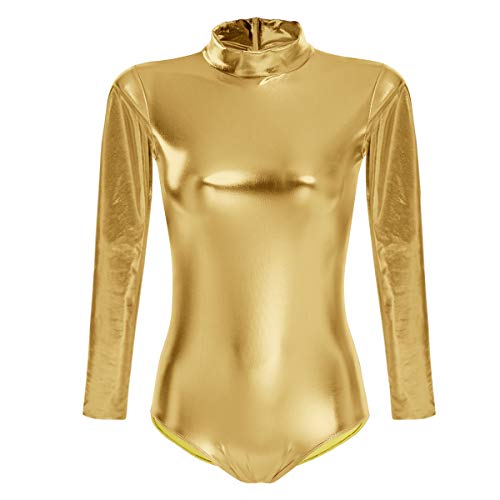 OBEEII Mujer Maillot de Ballet Danza Leotard Ballet Manga Larga Cuello Alto una Pieza Dancewear Bodysuit Oro S