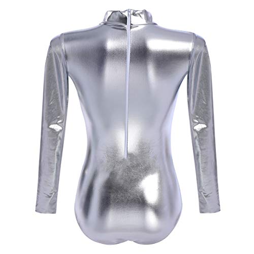 OBEEII Mujer Maillot de Ballet Danza Leotard Ballet Manga Larga Cuello Alto una Pieza Dancewear Bodysuit Plateado 2XL