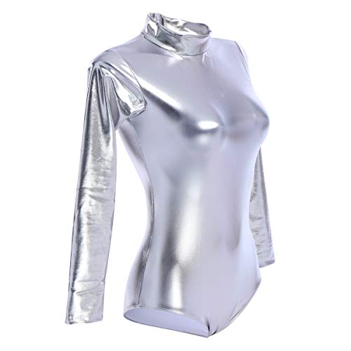 OBEEII Mujer Maillot de Ballet Danza Leotard Ballet Manga Larga Cuello Alto una Pieza Dancewear Bodysuit Plateado 2XL