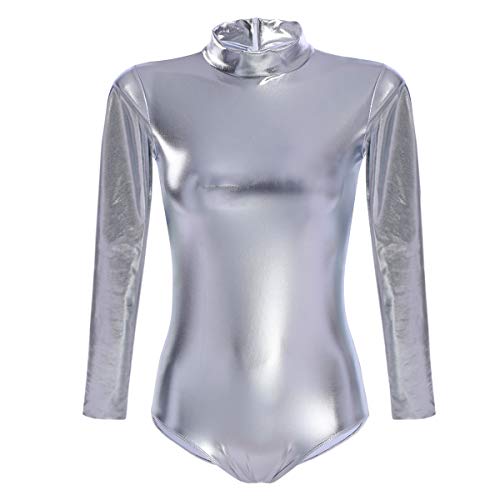 OBEEII Mujer Maillot de Ballet Danza Leotard Ballet Manga Larga Cuello Alto una Pieza Dancewear Bodysuit Plateado 2XL