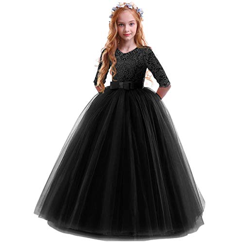 OBEEII Vestidos De Princesa Fiesta de la Boda de Las Niñas para Bordado Graduación Comunión Cumpleaños Paseo Baile Cóctel Vestido de Novia Negro 13-14 Años