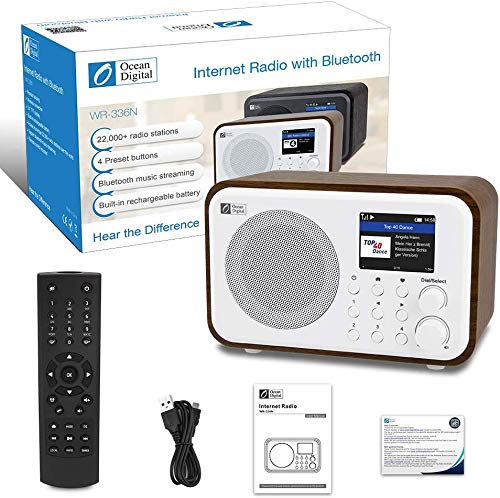 Ocean Digital WiFi Internet Radios WR-336N Radio digital portátil con batería recargable Receptor Bluetooth con pantalla a color de 2.4 ", 4 botones preestablecidos, soporte UPnP y DLNA-Negro