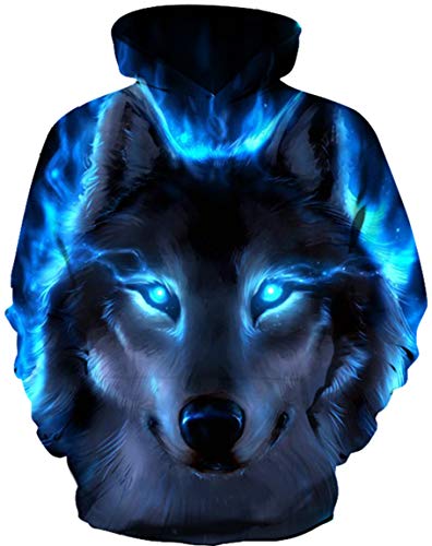 Ocean Plus Niño 3D Sudaderas con Capucha con Bolsillo Canguro Adolescente Sudadera Divertida Suéter Estampado Digital Hoodie (3XL (Altura: 155-165 cm), Lobo Negro de Ojos Azules)