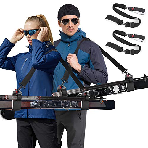 Odoland 2 piezas Correas de Portador de Esquí, Ajustable Correa de Hombro para Esquís con Gancho y Lazo Acolchados Duraderos para Proteger los Esquís de Rasguños, Equipo y Accesorios para Esquí Alpino