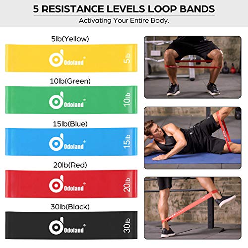 Odoland 21pzas Juego de Bandas de Resistencia Incl. 5 x Bandas de Ejercicio Enovado con Manijas, Apilables y Más Fuertes, 5 x Loop Band, 2 x Discos Deslizantes, 2 x Correas de Tobillo, Bola de Masaje