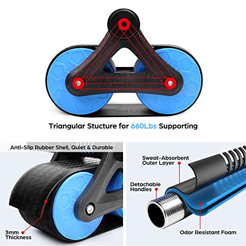 Odoland 4-En-1 AB Roller Wheel Kit, Ruedas Grandes con Alfombrilla para Rodilla, Push Up Bar en Forma de S, Cuerda Saltar Fitness, Equipo de Entrenamiento Ejercicios Abdominales